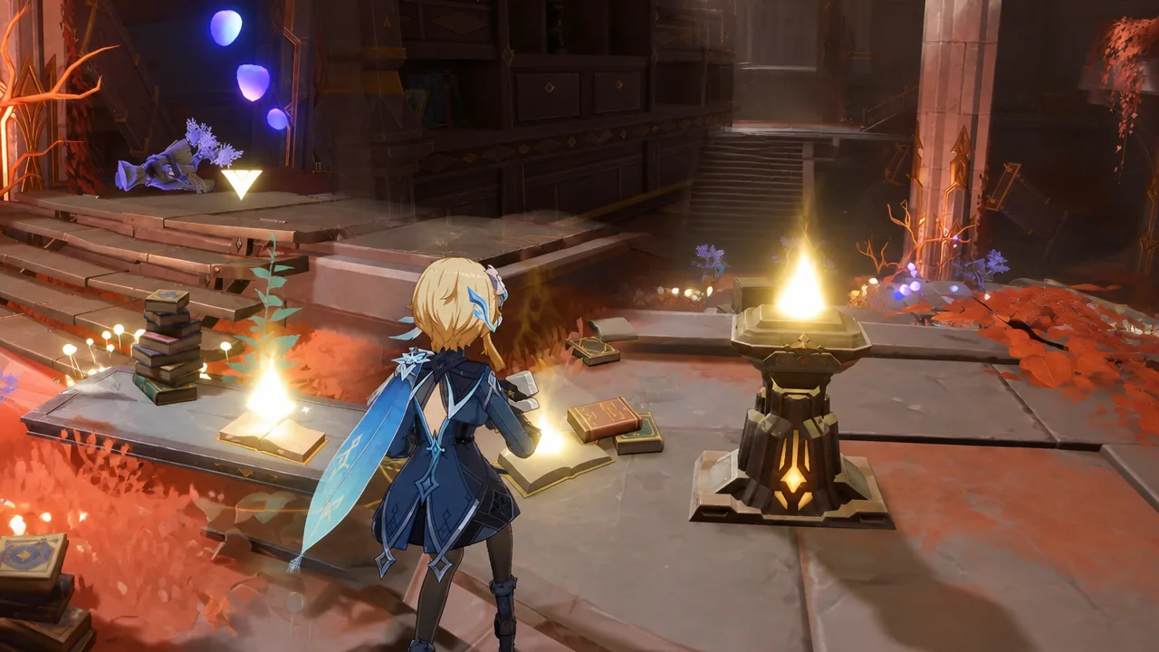 Character approaching a glowing stone altar in an ornate chamber