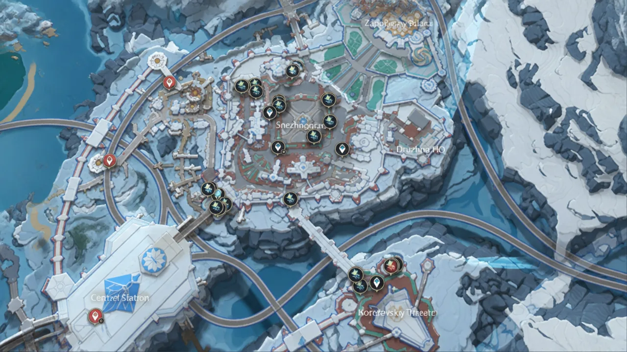 World map centered on Snezhnograd city with many location markers