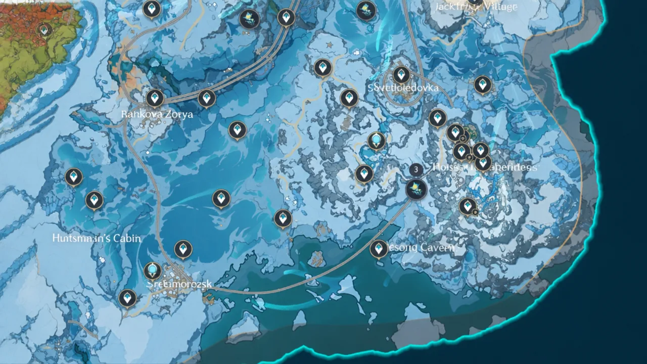 Snezhnaya world map with teleport waypoints and named locations