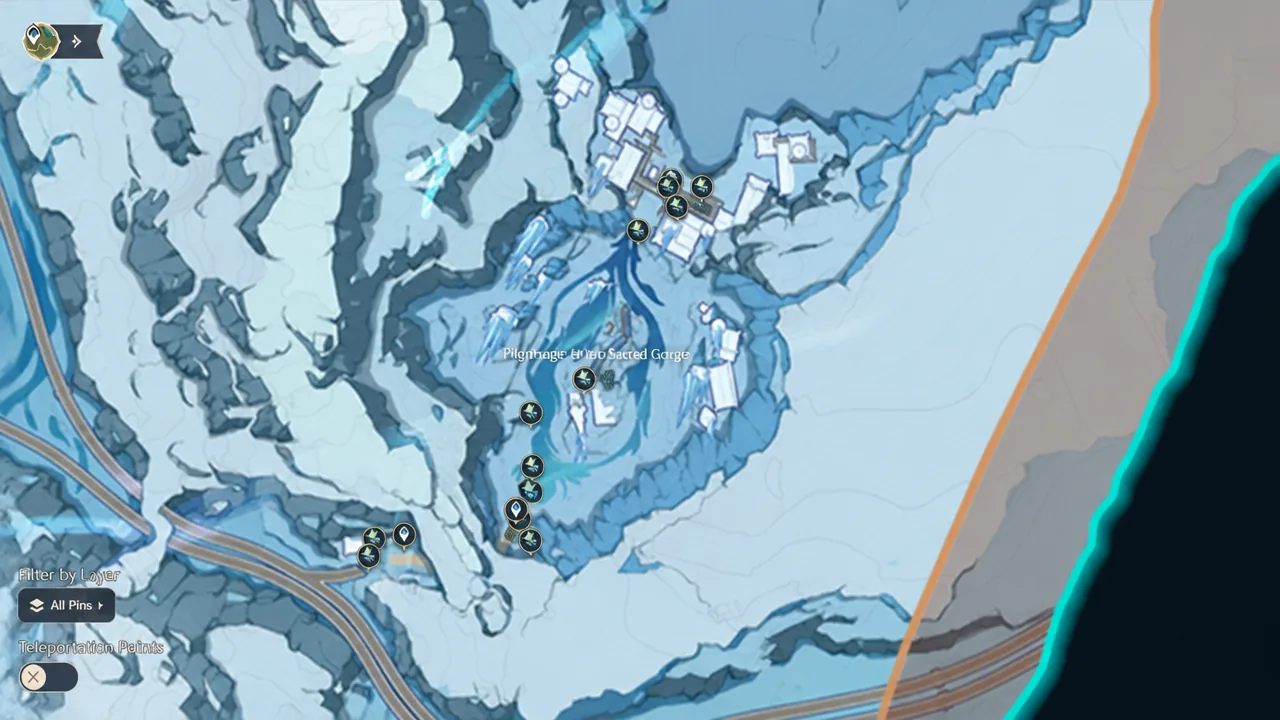 World map centered on Pilgrimage to the Sacred Gorge with pins
