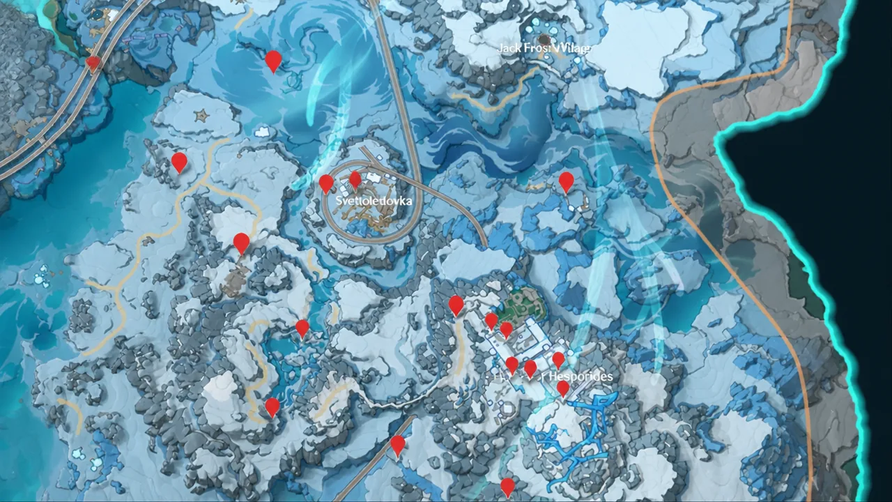 Snowy region map with red pins around Svetloledovka