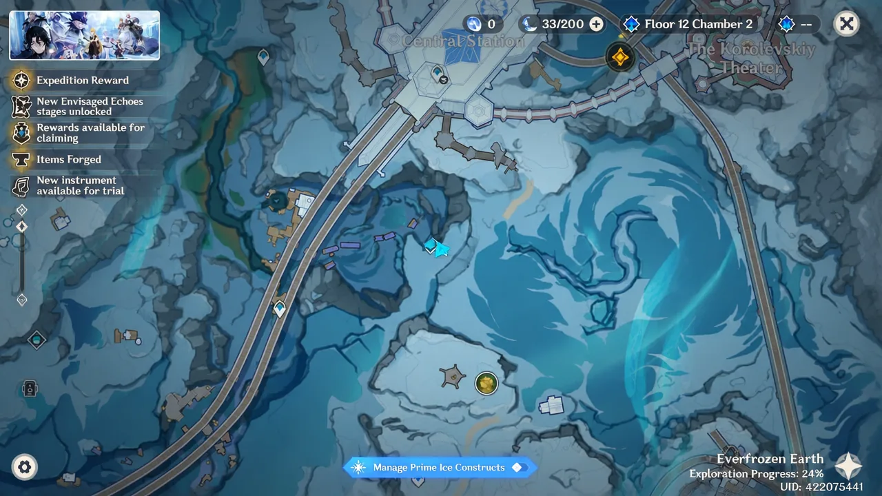 Everfrozen Earth map open with an active objective highlighted