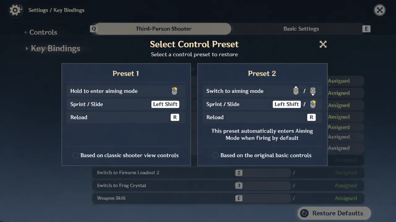 menu choice of two shooting preset control options in Genshin Impact