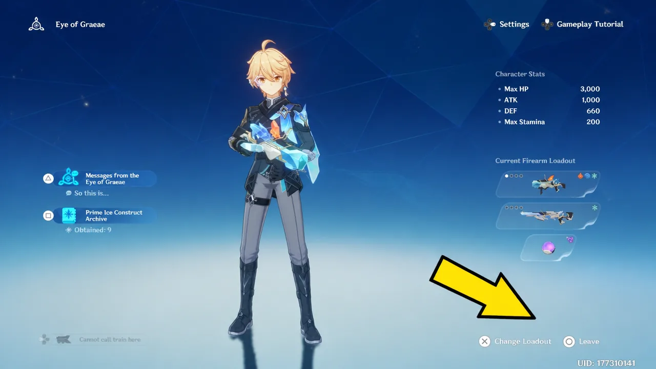 A white arrow pointing to the Assemble button for guns in Genshin Impact
