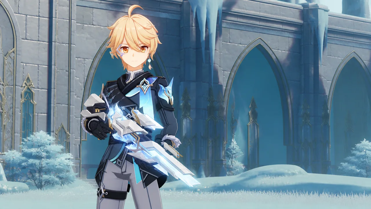 Three versions of Aether holding different guns in Genshin Impact