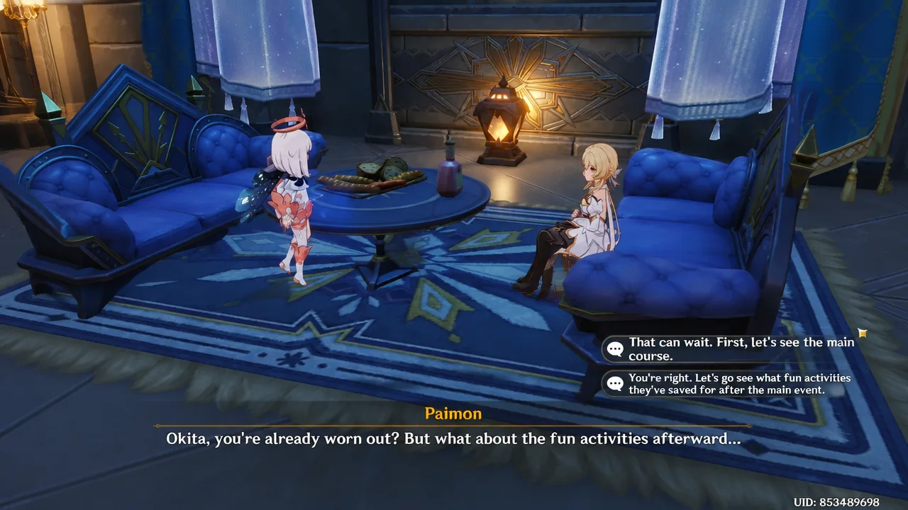 Dialogue choice with the upper option selected to skip entertainment