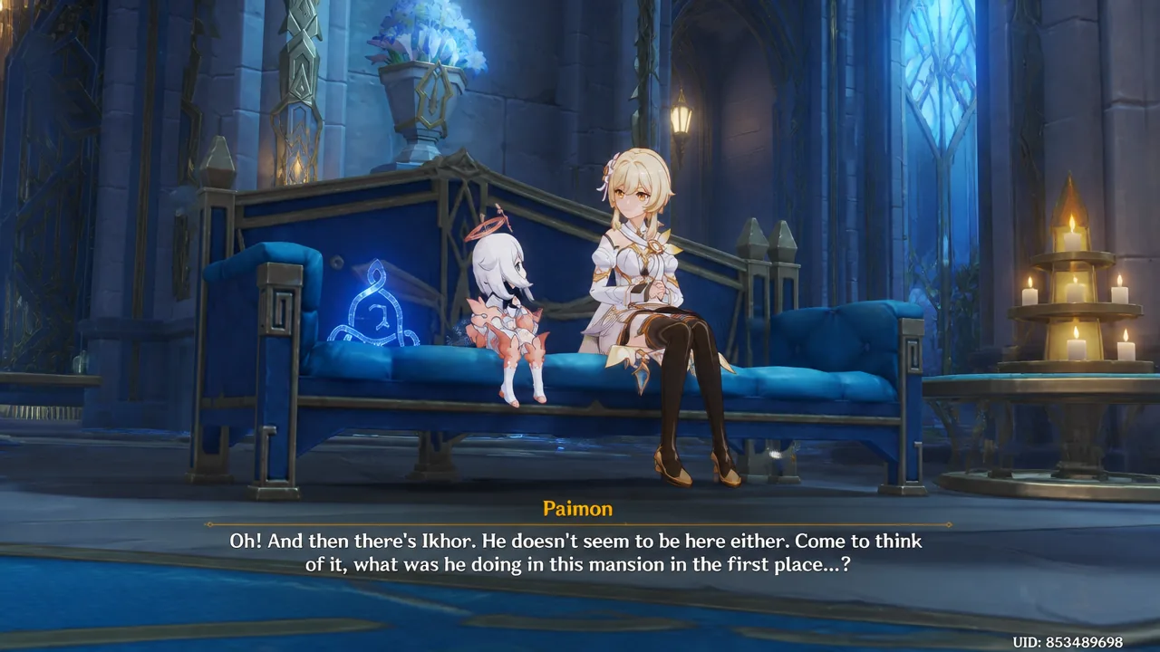 Paimon and the Traveler noticing Ikhor is missing inside the mansion
