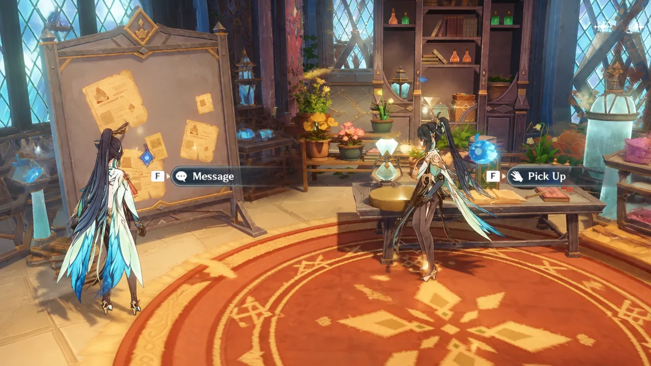 Player reading a noticeboard message and picking up an item from a table