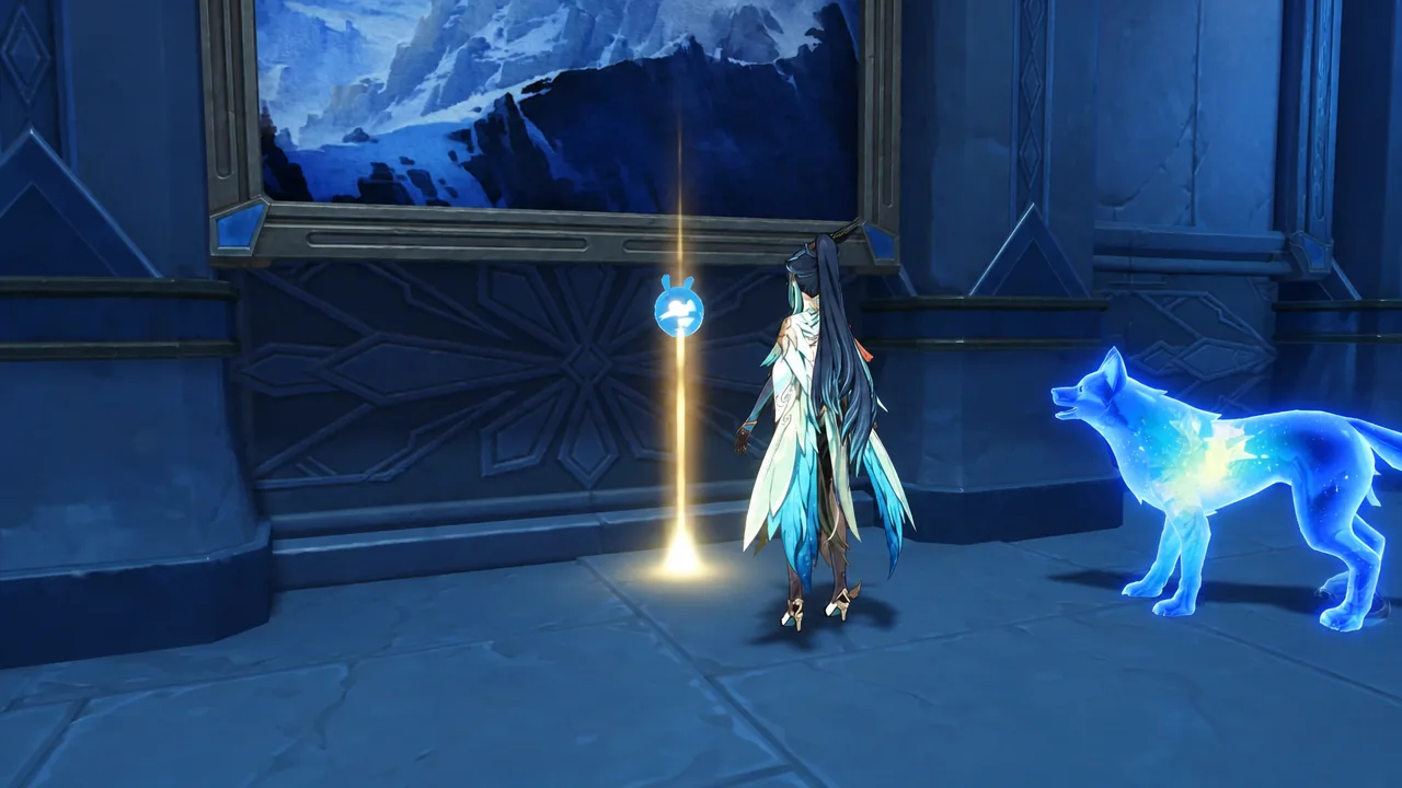 Character examining an open book beside glowing blue laboratory equipment