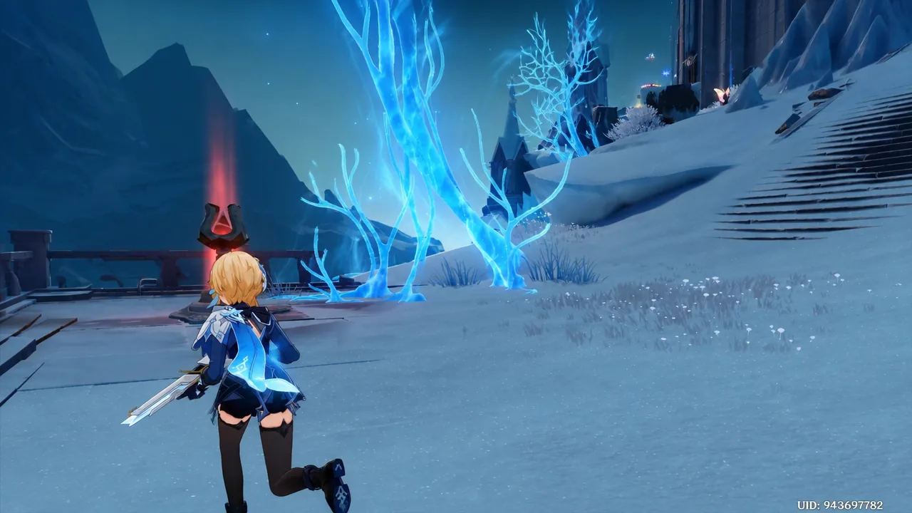 Genshin Impact quest scene in the snow-covered Pale Crown Palace
