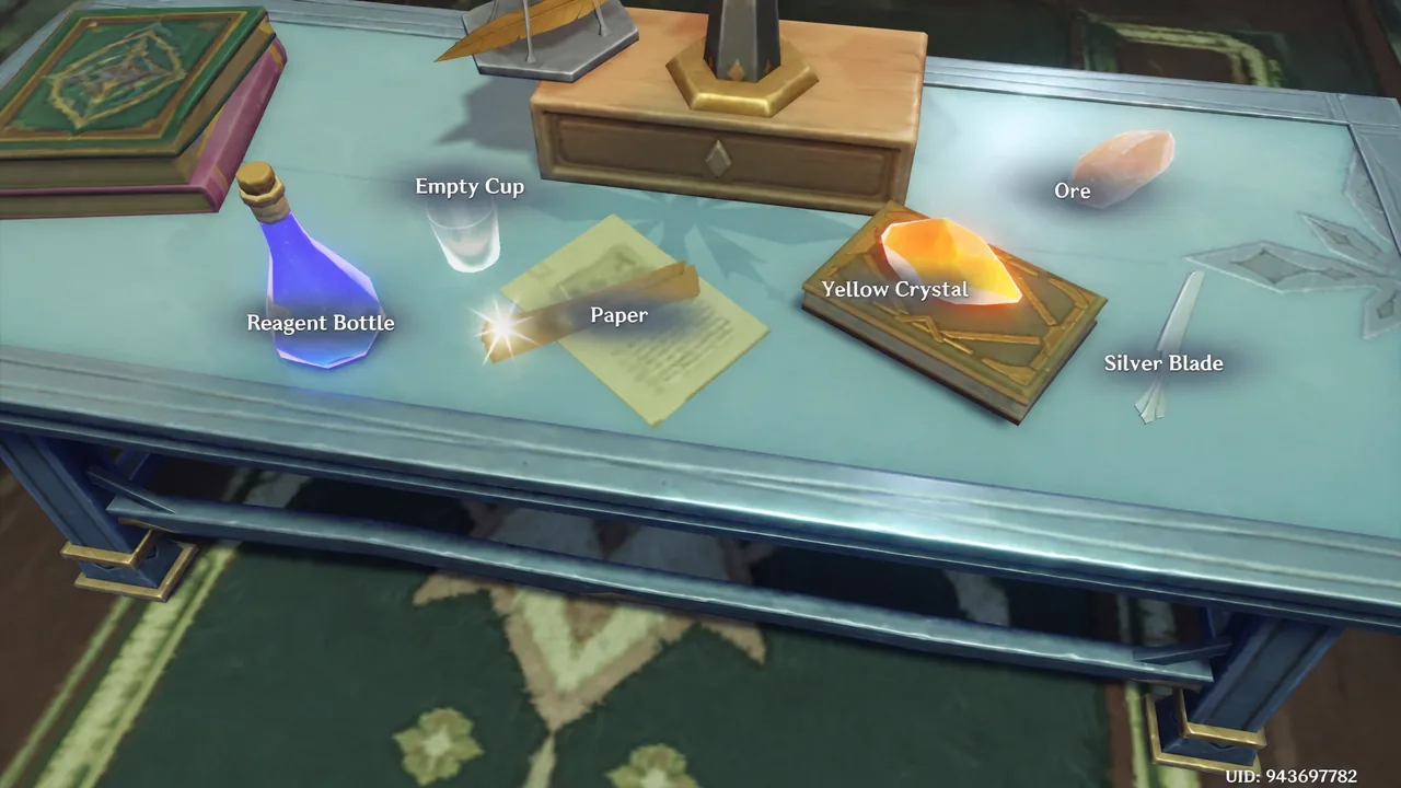 Tabletop item screen highlighting the Yellow Crystal among several reagents