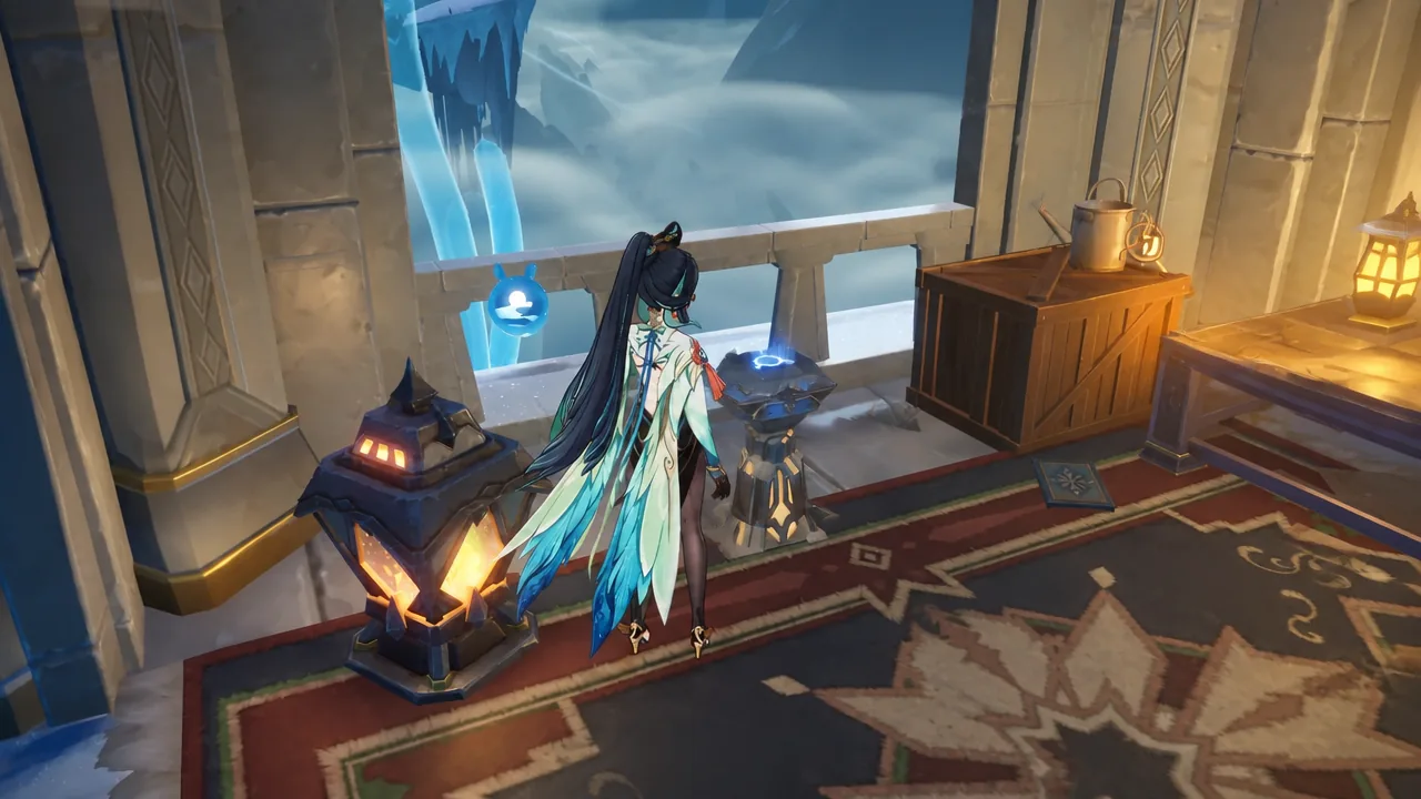 Character standing beside a glowing blue console on the tower