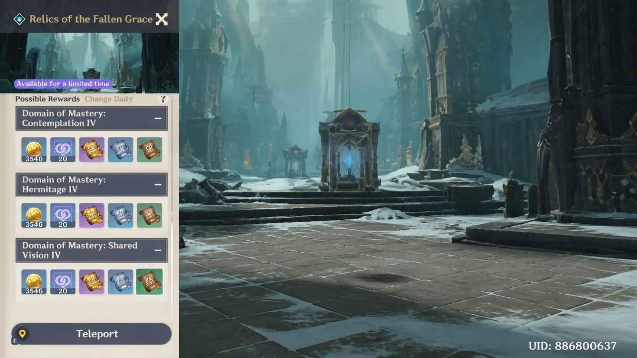 Relics of the Fallen Grace domain menu with a Teleport button to travel to the stage