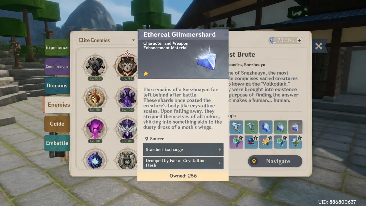 Ethereal Glimmershard detail screen showing its enemy sources and owned quantity