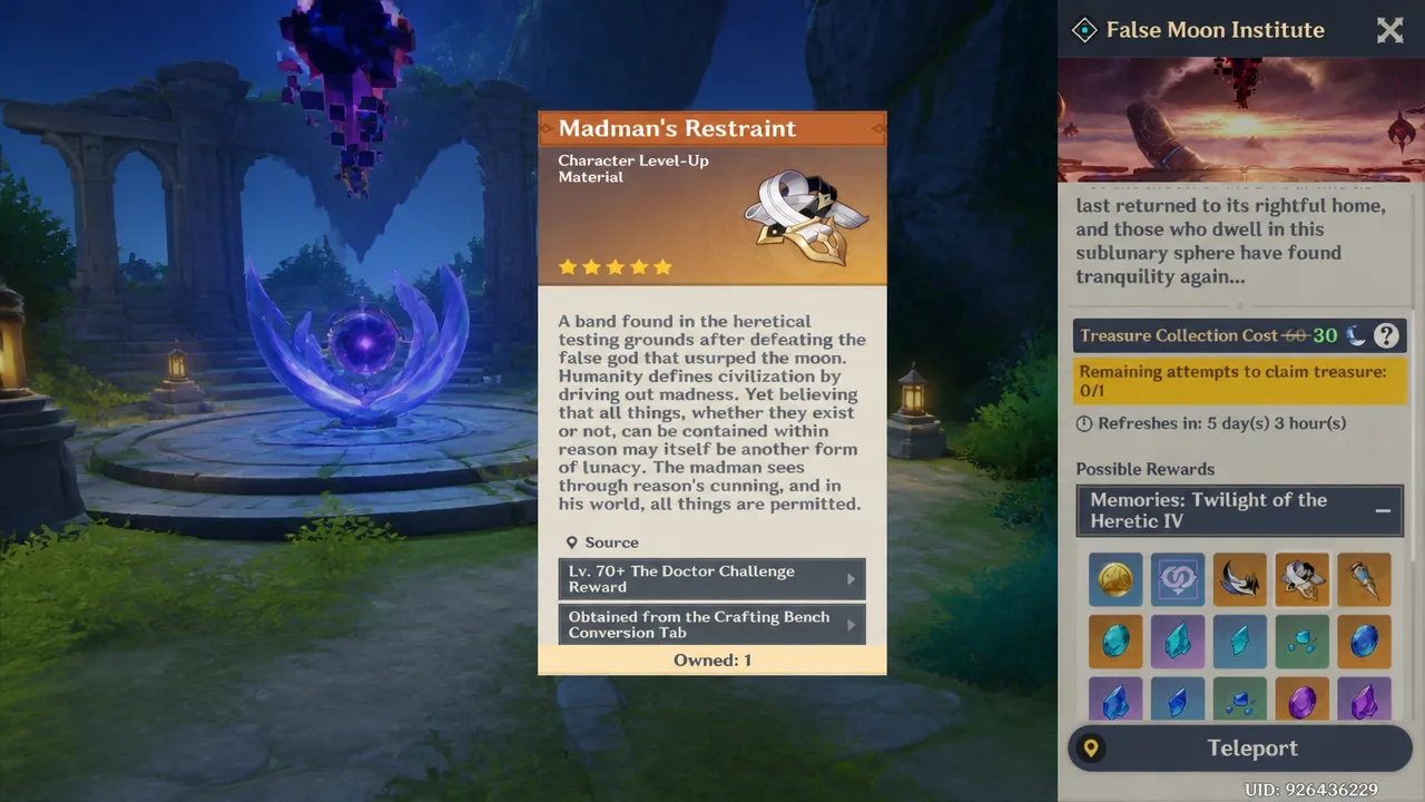 Madman's Restraint material details on the False Moon Institute teleport screen