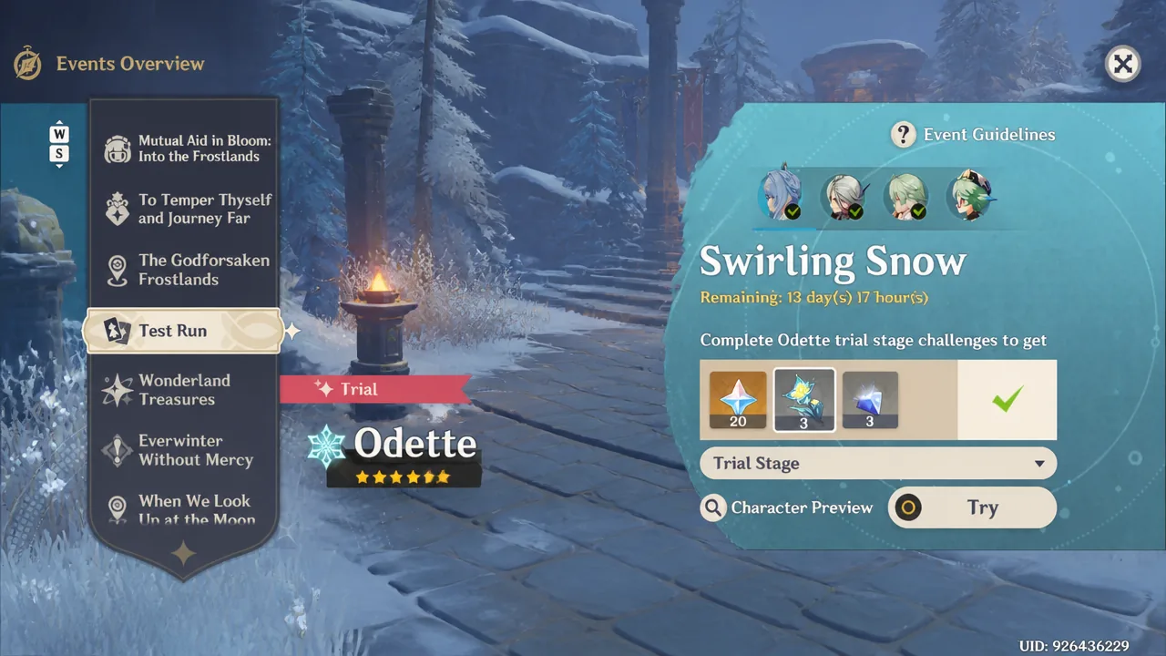 Events Overview screen with Test Run selected, showing Odette's trial stage and the Try button