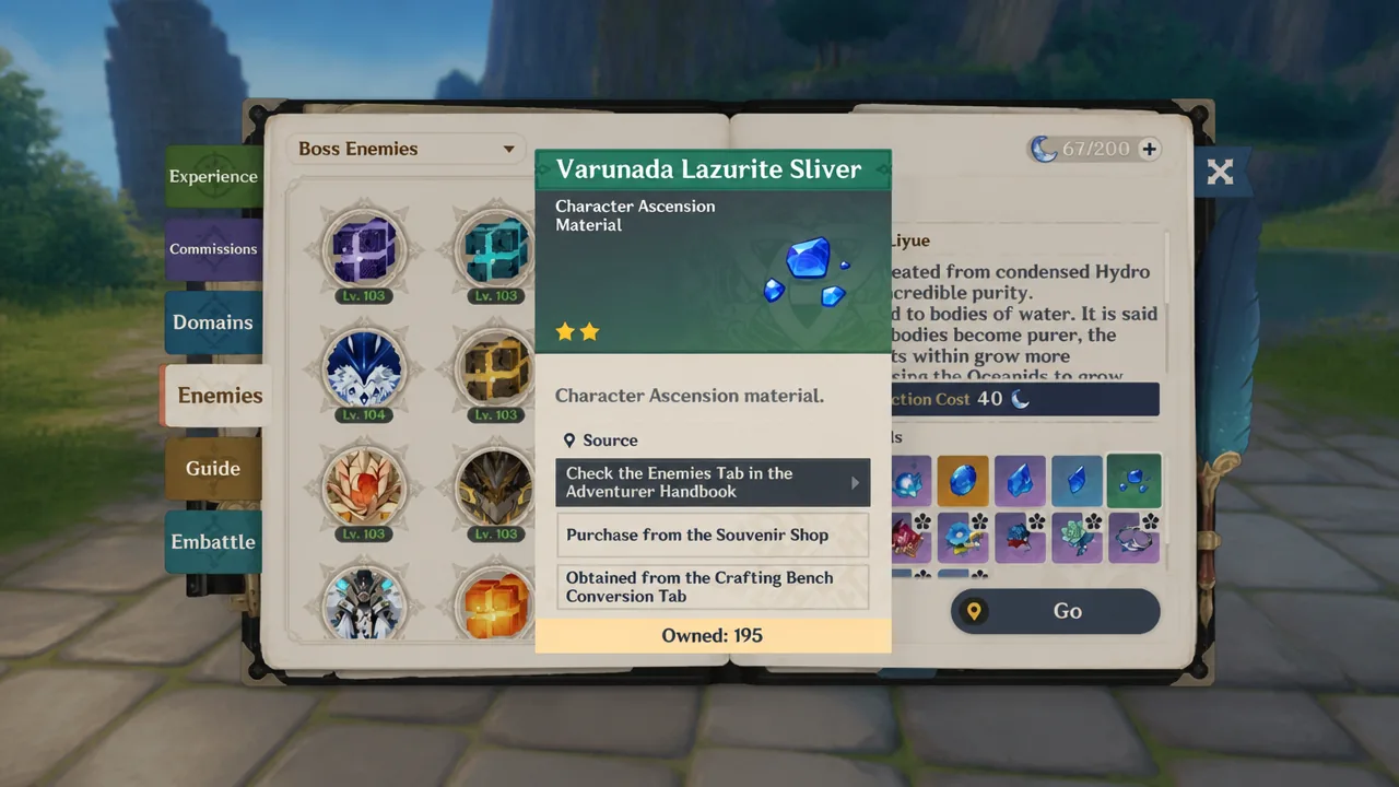 Adventurer Handbook Enemies tab open on Varunada Lazurite Sliver with its Go button