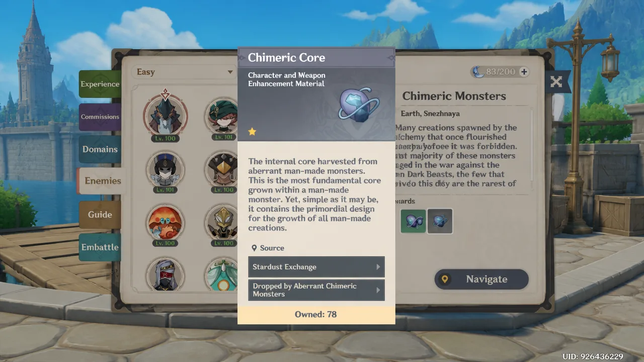 Chimeric Core detail popup showing its description, enemy sources and owned count