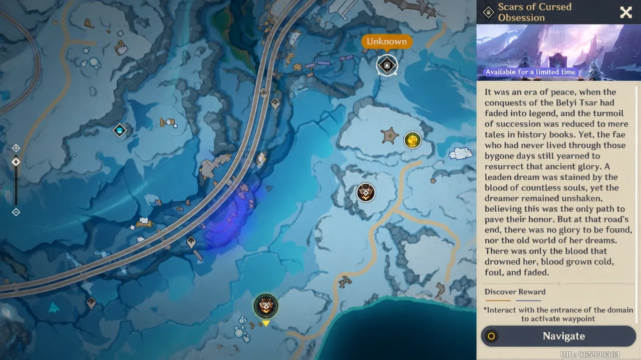 Scars of Cursed Obsession quest panel open on the map with the Navigate button available