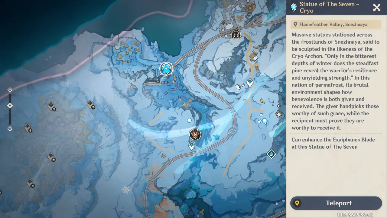Statue of The Seven Cryo panel open for Flamefeather Valley with the Teleport button selected