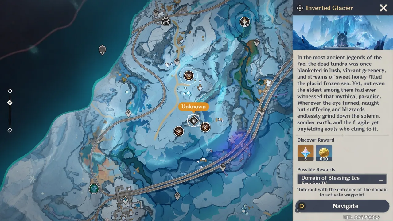 Inverted Glacier map panel highlighting an unknown location with the Navigate button to set a waypoint