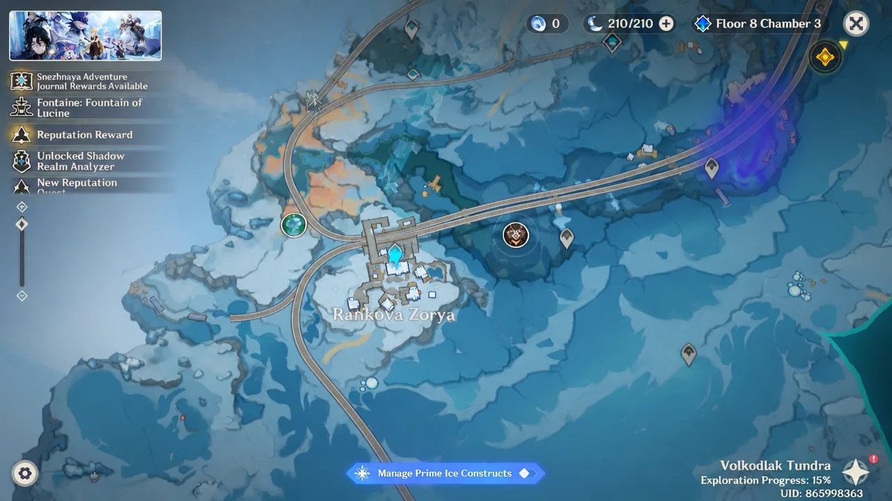 Volkodlak Tundra map open with Manage Prime Ice Constructs highlighted