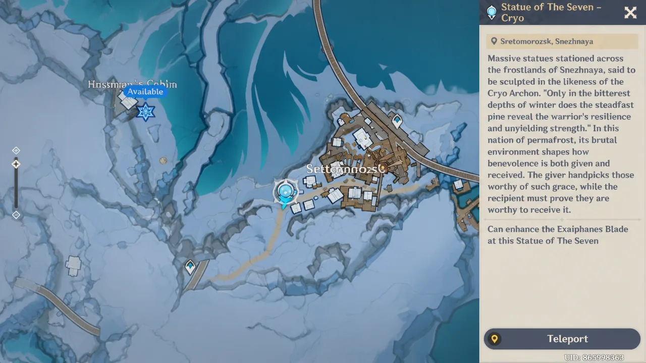 Statue of The Seven Cryo panel open on the map with the Teleport button selected