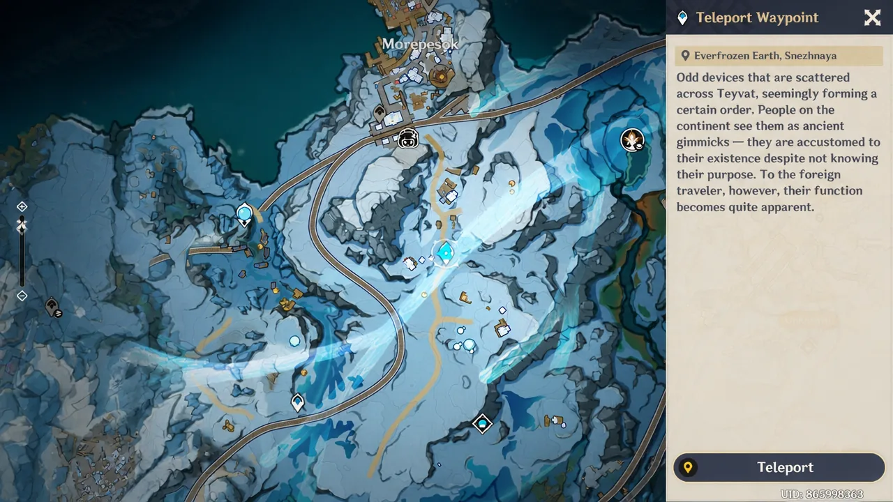 Teleport Waypoint panel for Everfrozen Earth in Snezhnaya with the Teleport button ready