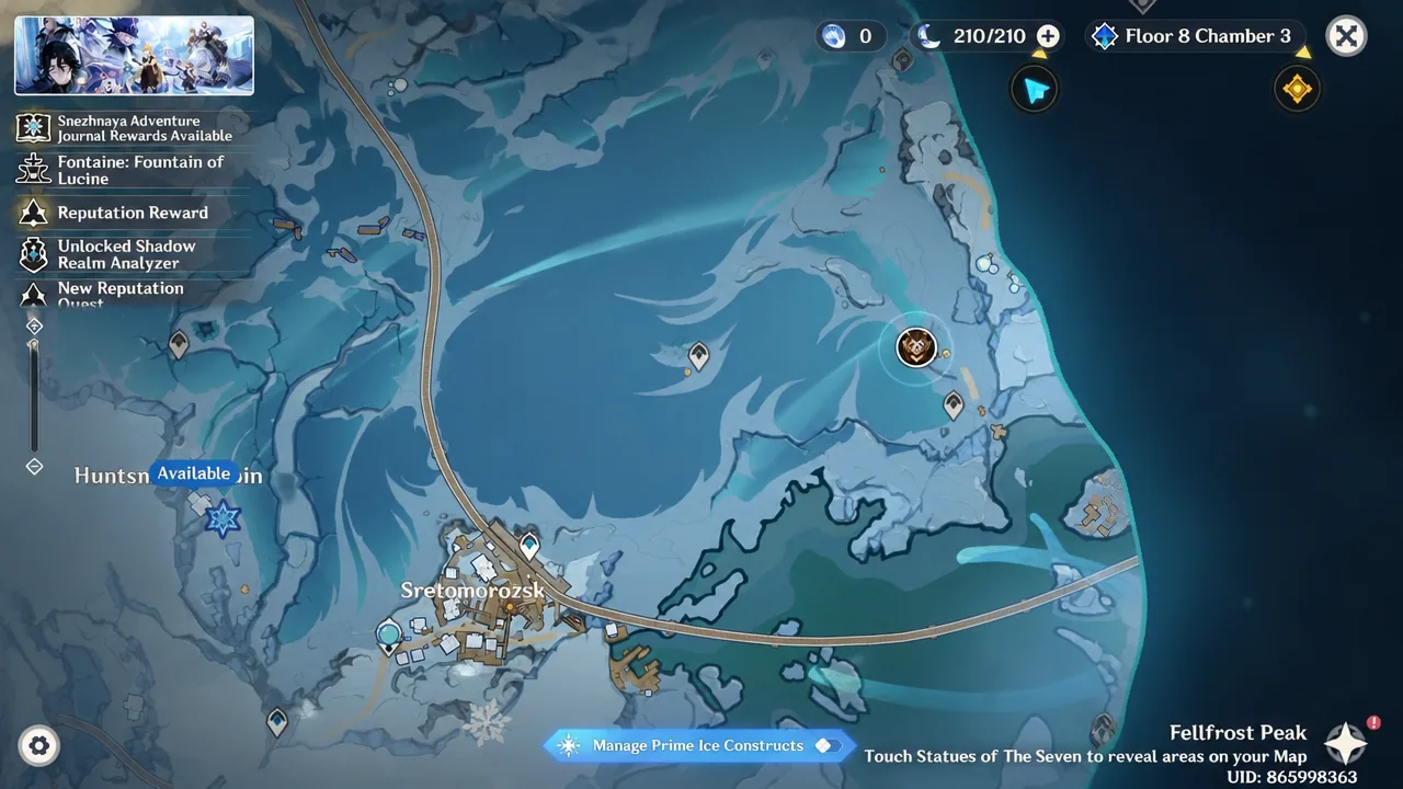 World map open with the Manage Prime Ice Constructs button selected