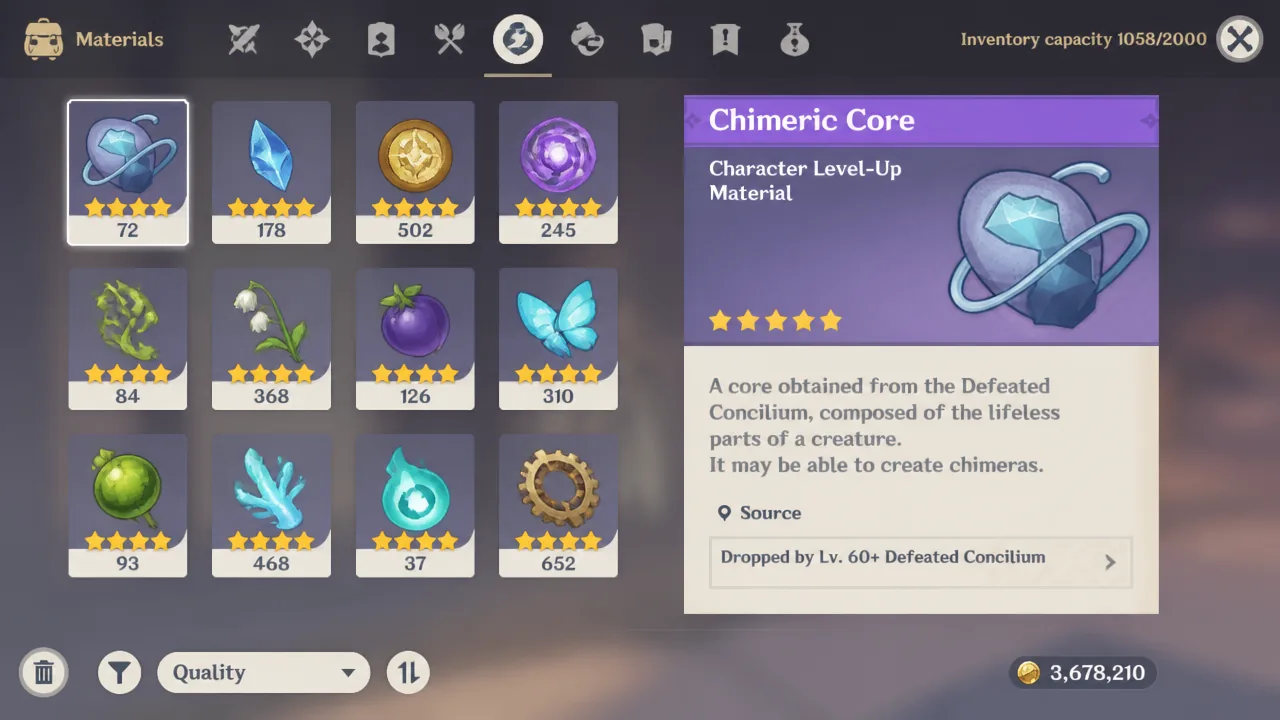 Inventory entry for Chimeric Core showing it drops from Level 60 and above Defeated Concilium