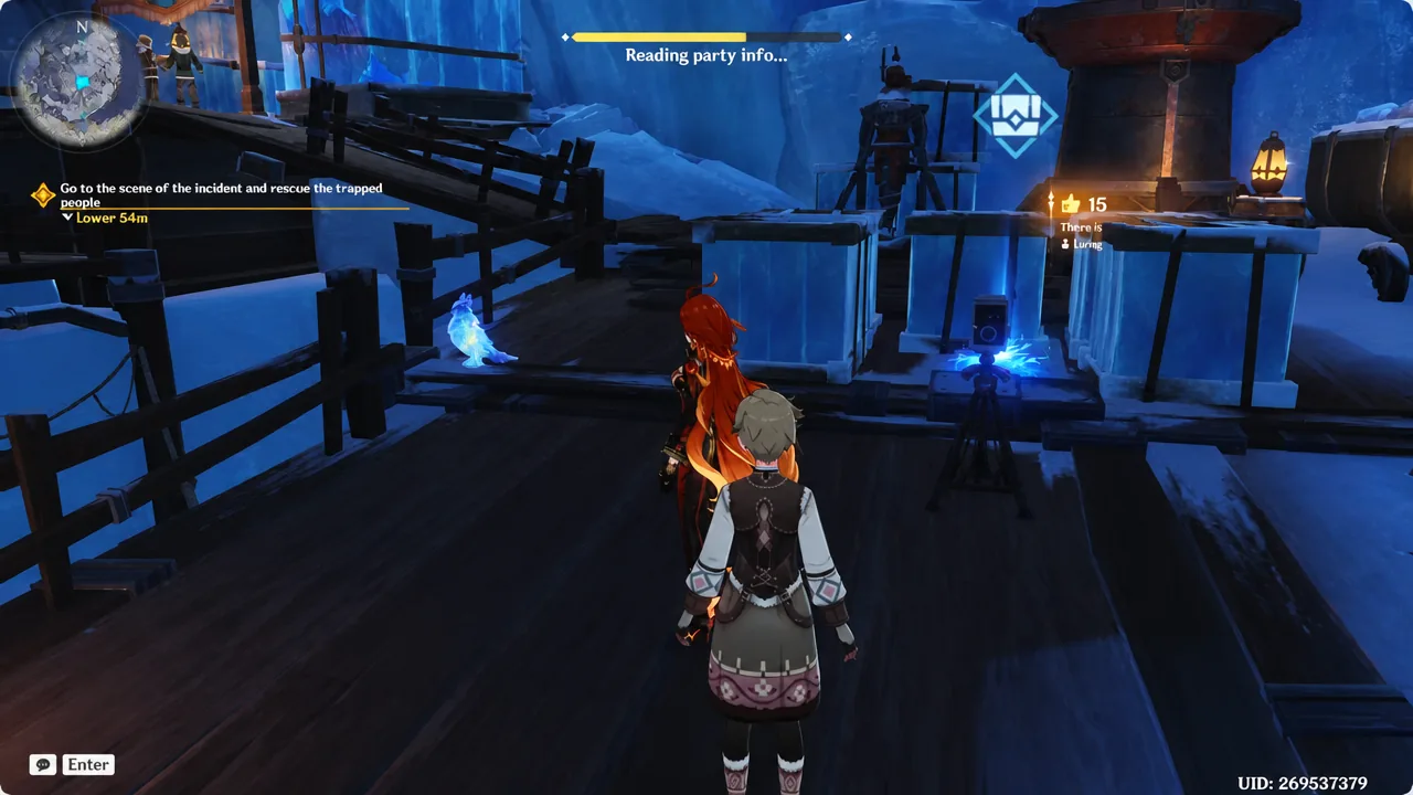 Snezhnaya overworld view with an active quest objective on screen and party details loading
