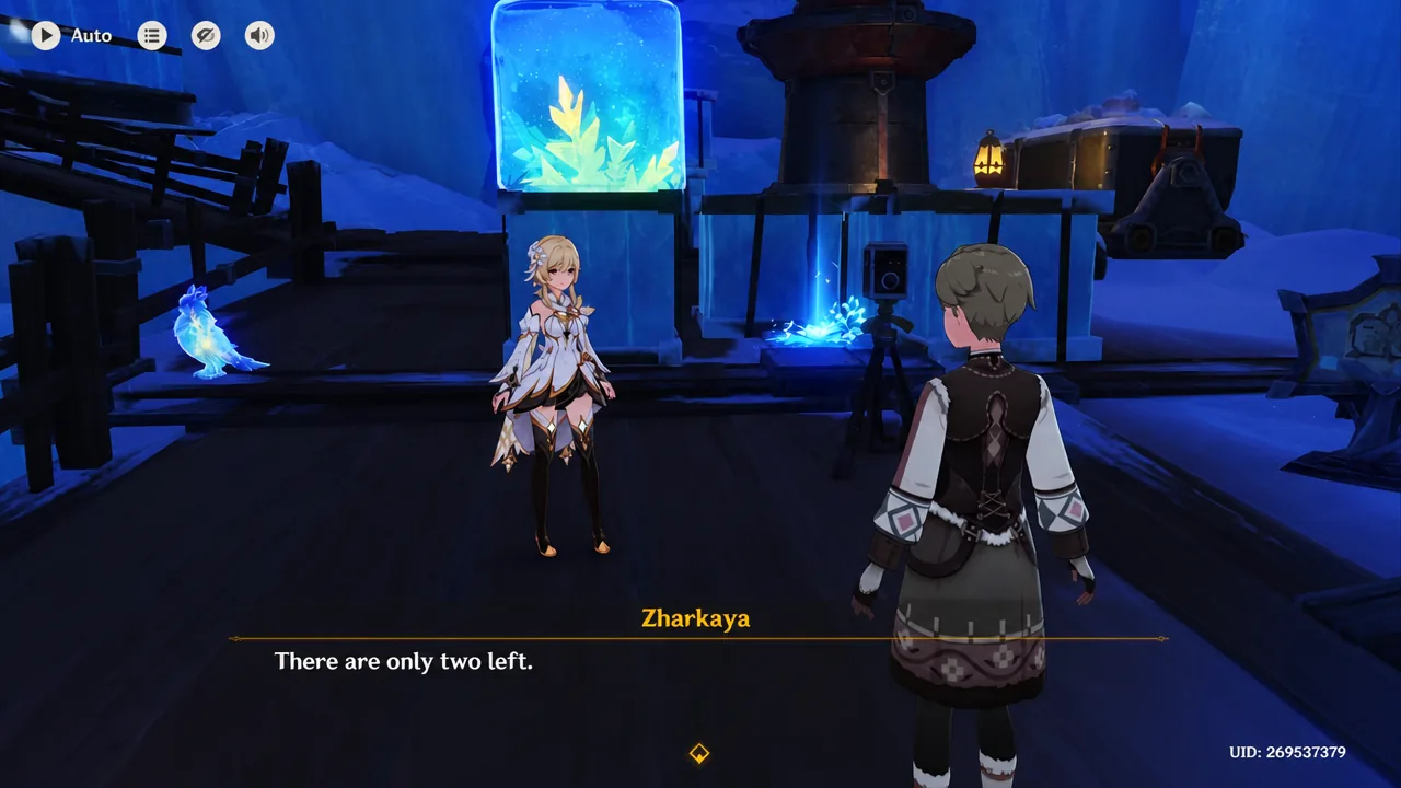 Zharkaya speaking to the Traveler in a dialogue scene after the ice sculpture is completed
