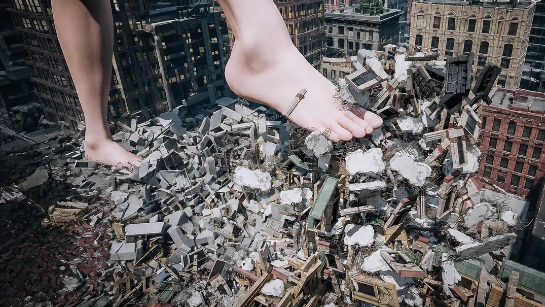 A pair of feet crushing a city