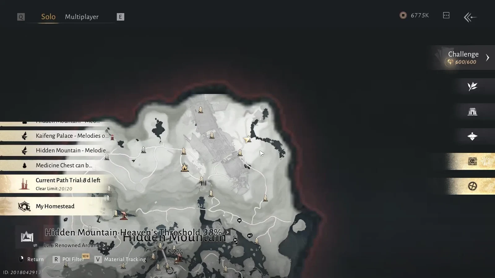 Hidden Mountain map with the Current Path Trial timer and Lodestar Vista teleport highlighted