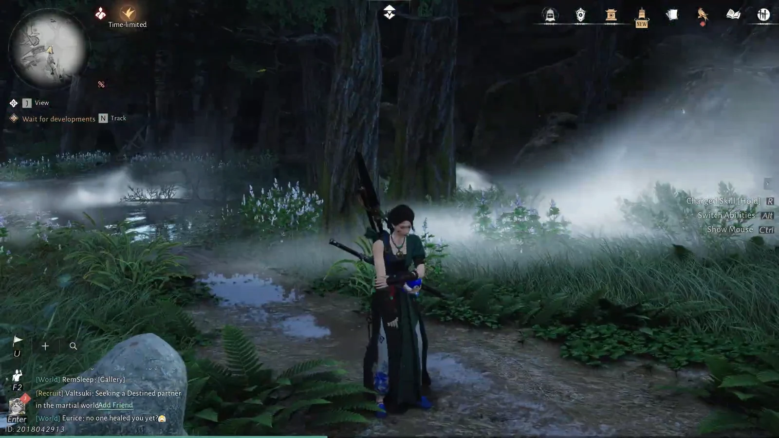 Misty forest scene with the tracked objective Wait for developments on screen