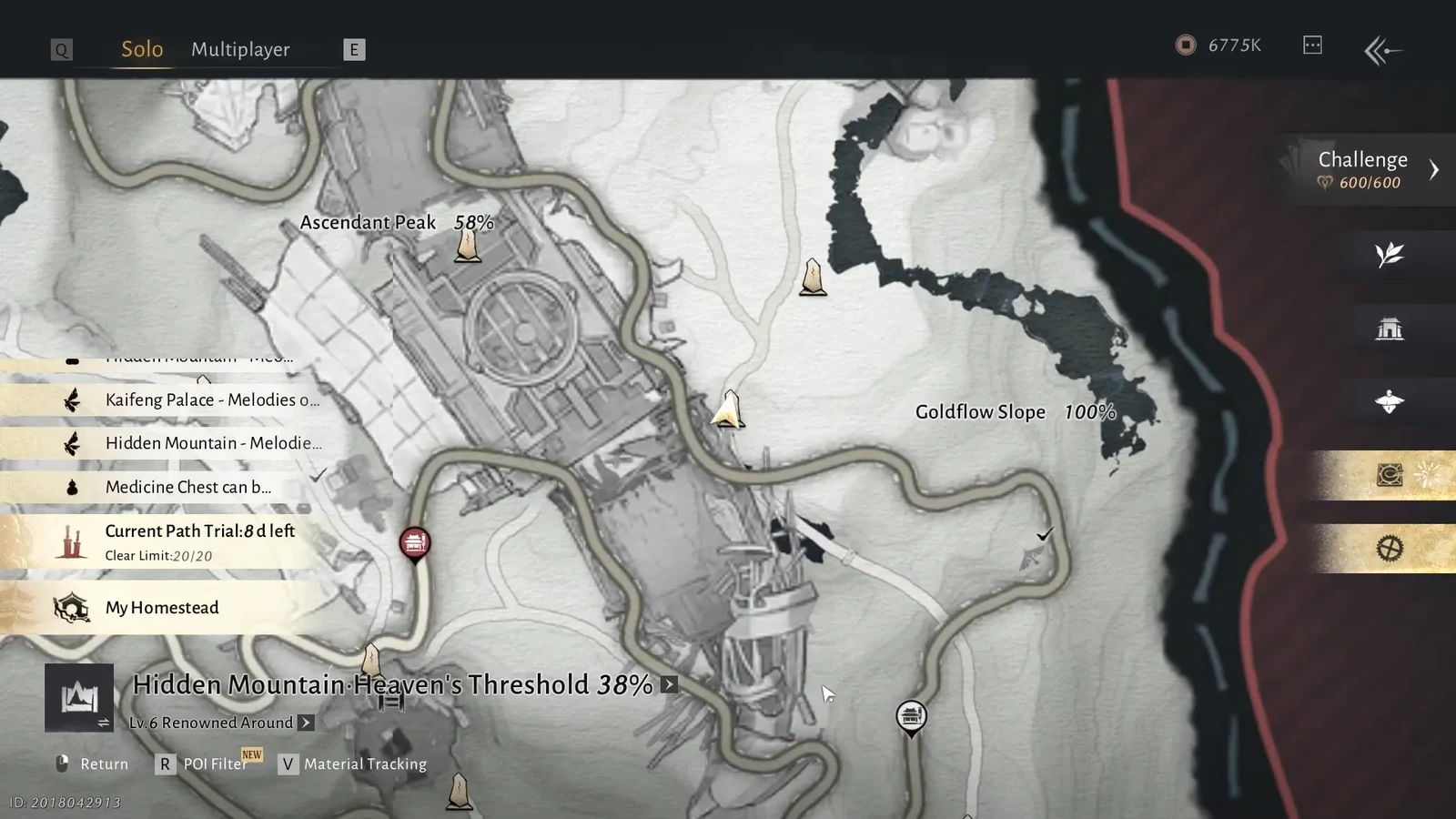 Solo world map open on Hidden Mountain Heaven's Threshold showing 38 percent completion