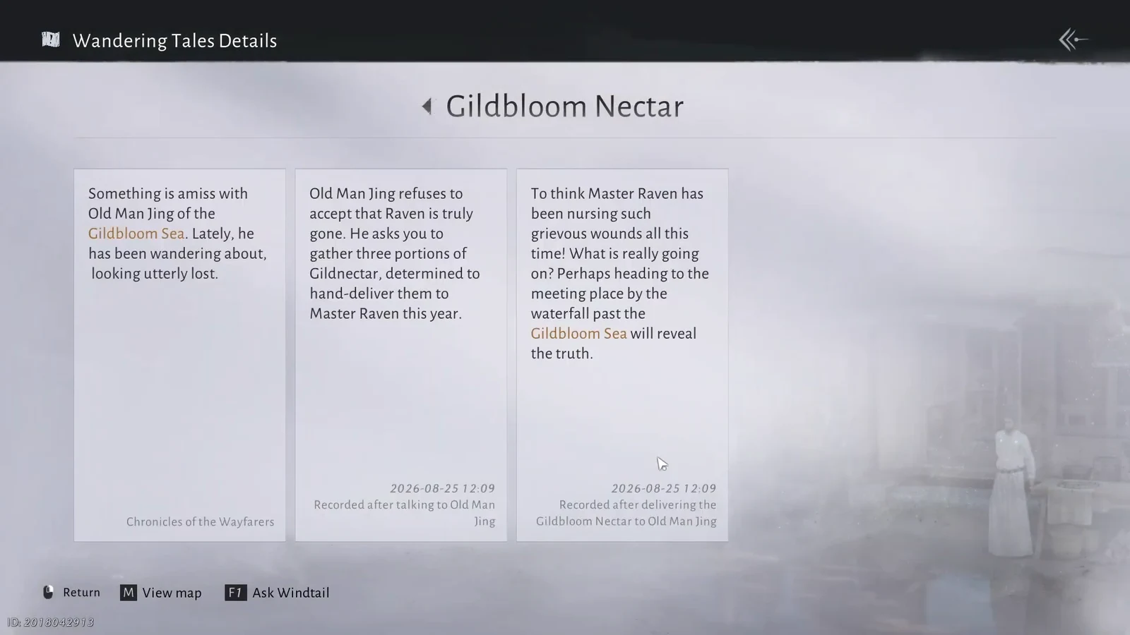 Wandering Tales Details screen showing the Gildbloom Nectar entry with three story cards
