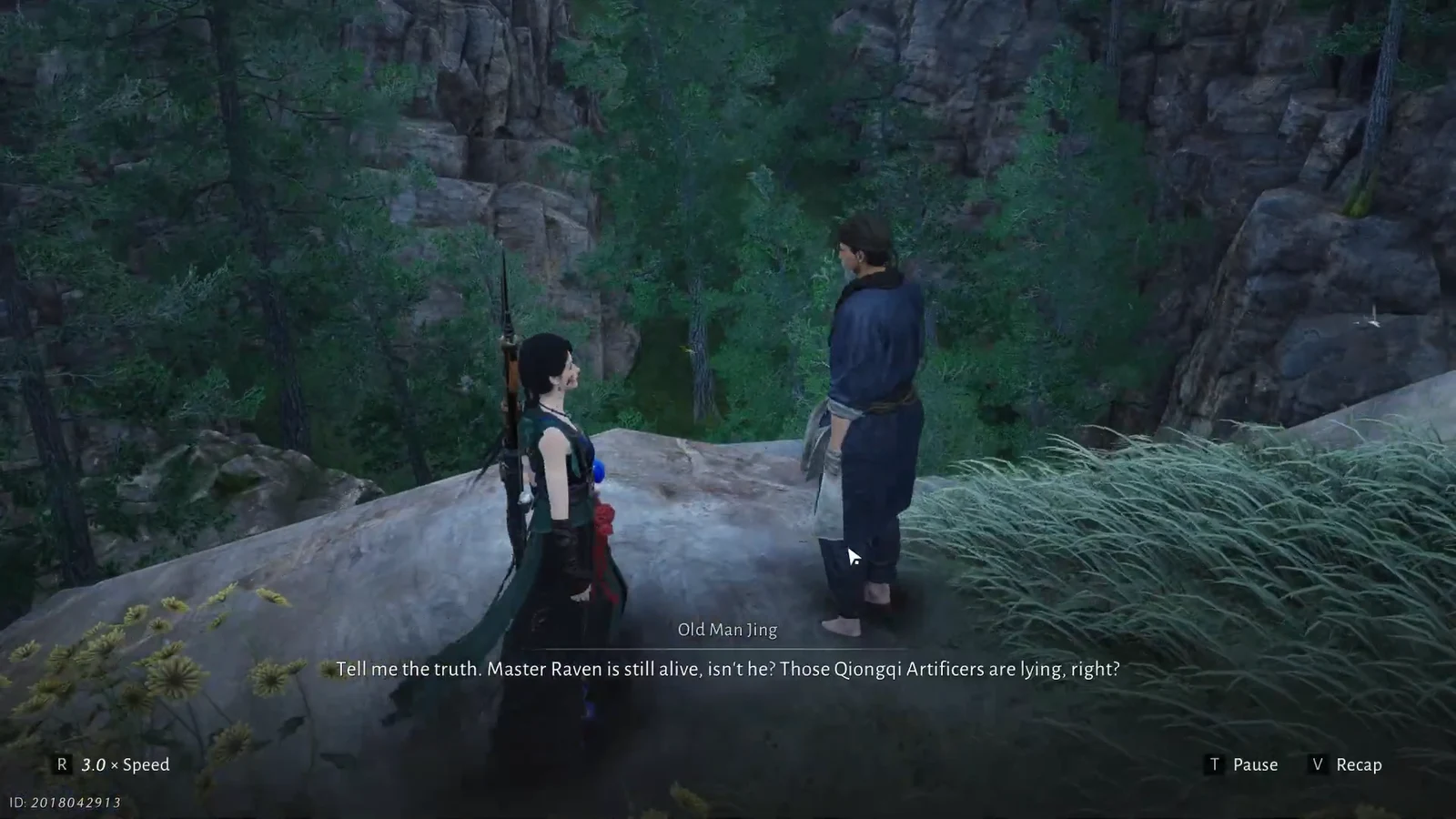 Dialogue with Old Man Jing on a cliff edge with subtitles about Master Raven