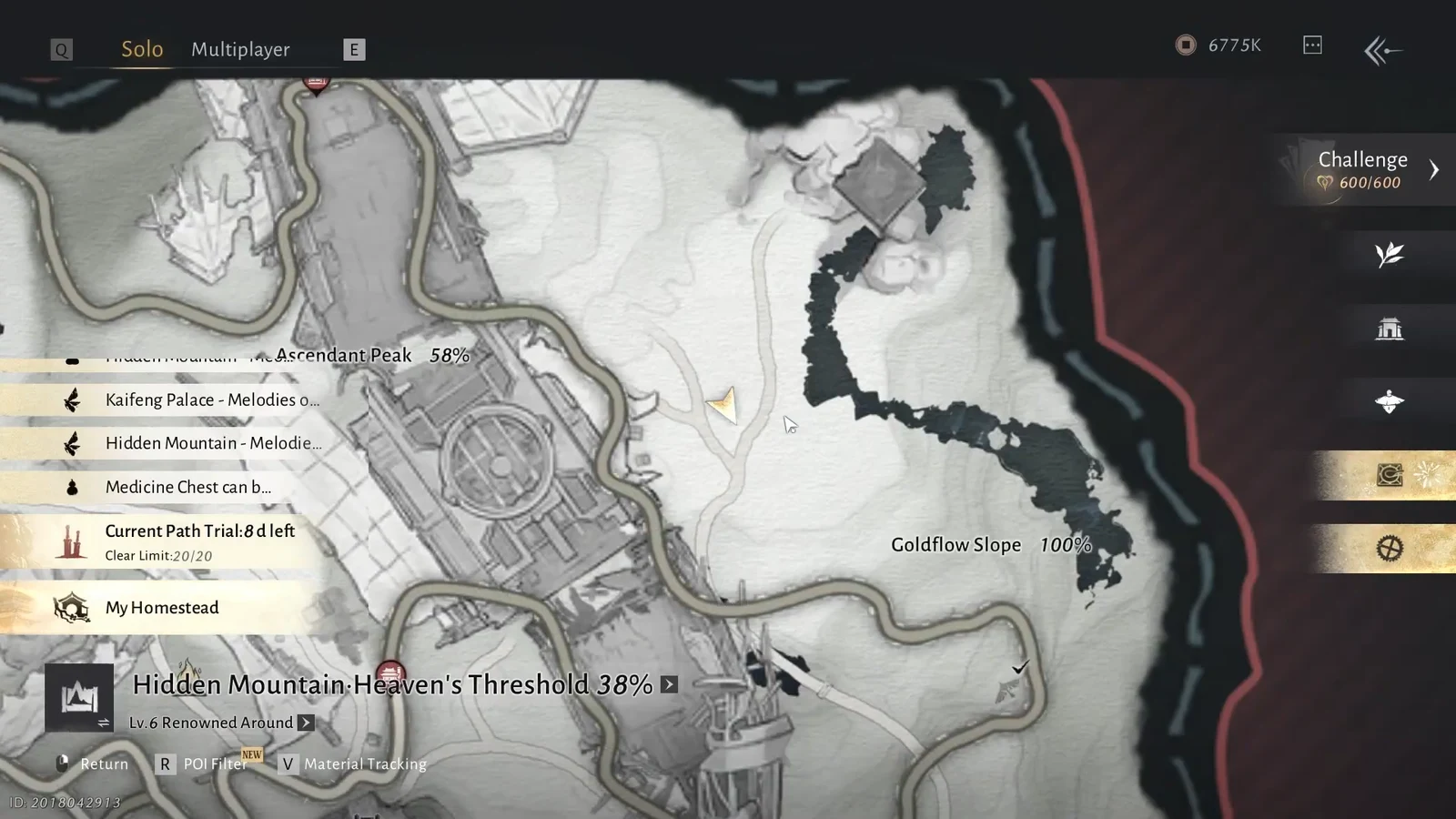 World map open on Hidden Mountain Heaven's Threshold marking the third nectar area to the north