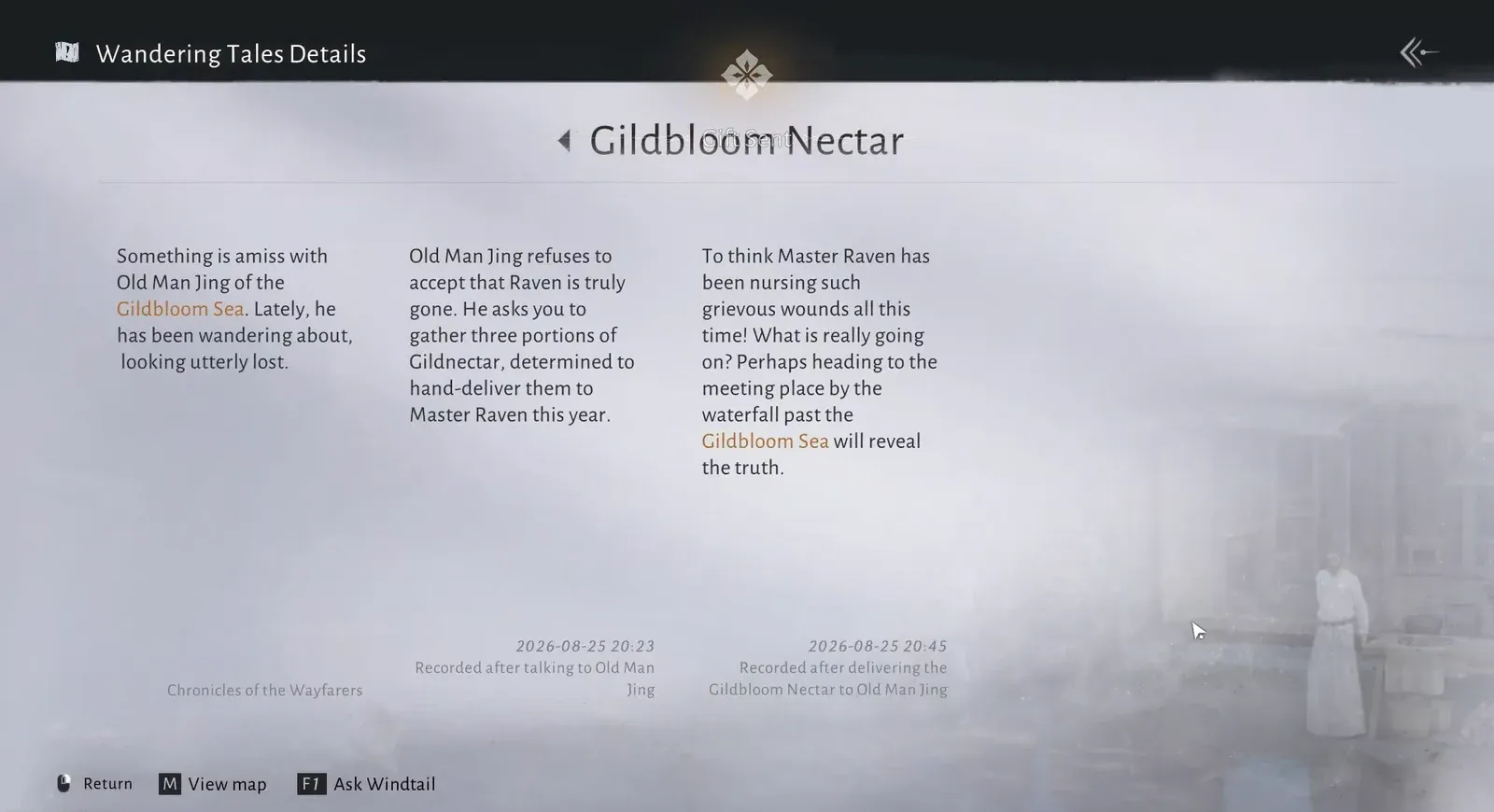 Wandering Tales Details screen showing the quest step to gather three nectar portions and deliver them