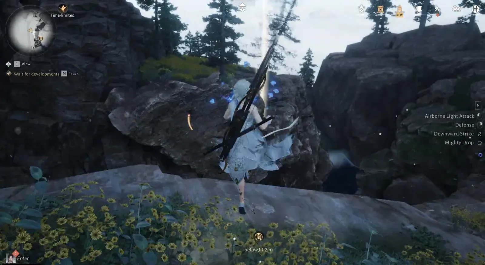 Character gliding through the air beside a rocky ledge with airborne action controls on screen