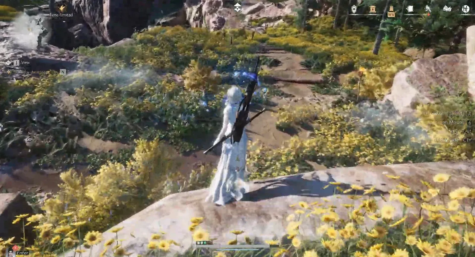White-robed character holding a bow on a rocky ledge above a flower-lined path