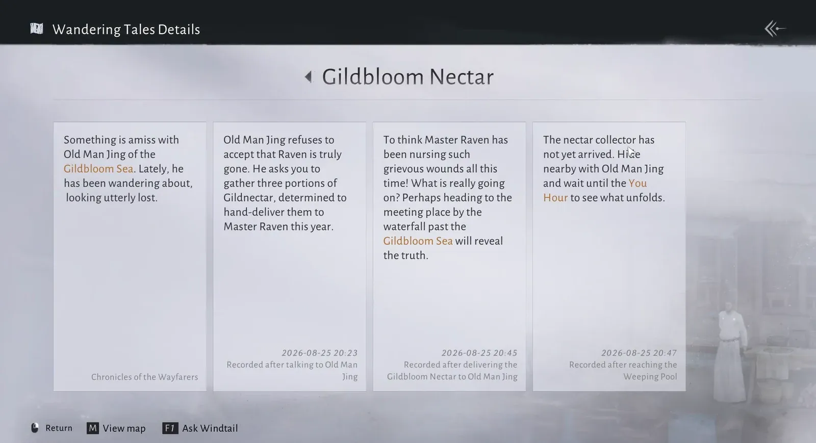 Wandering Tales Details screen with journal entries about the nectar and waiting near Old Man Jing