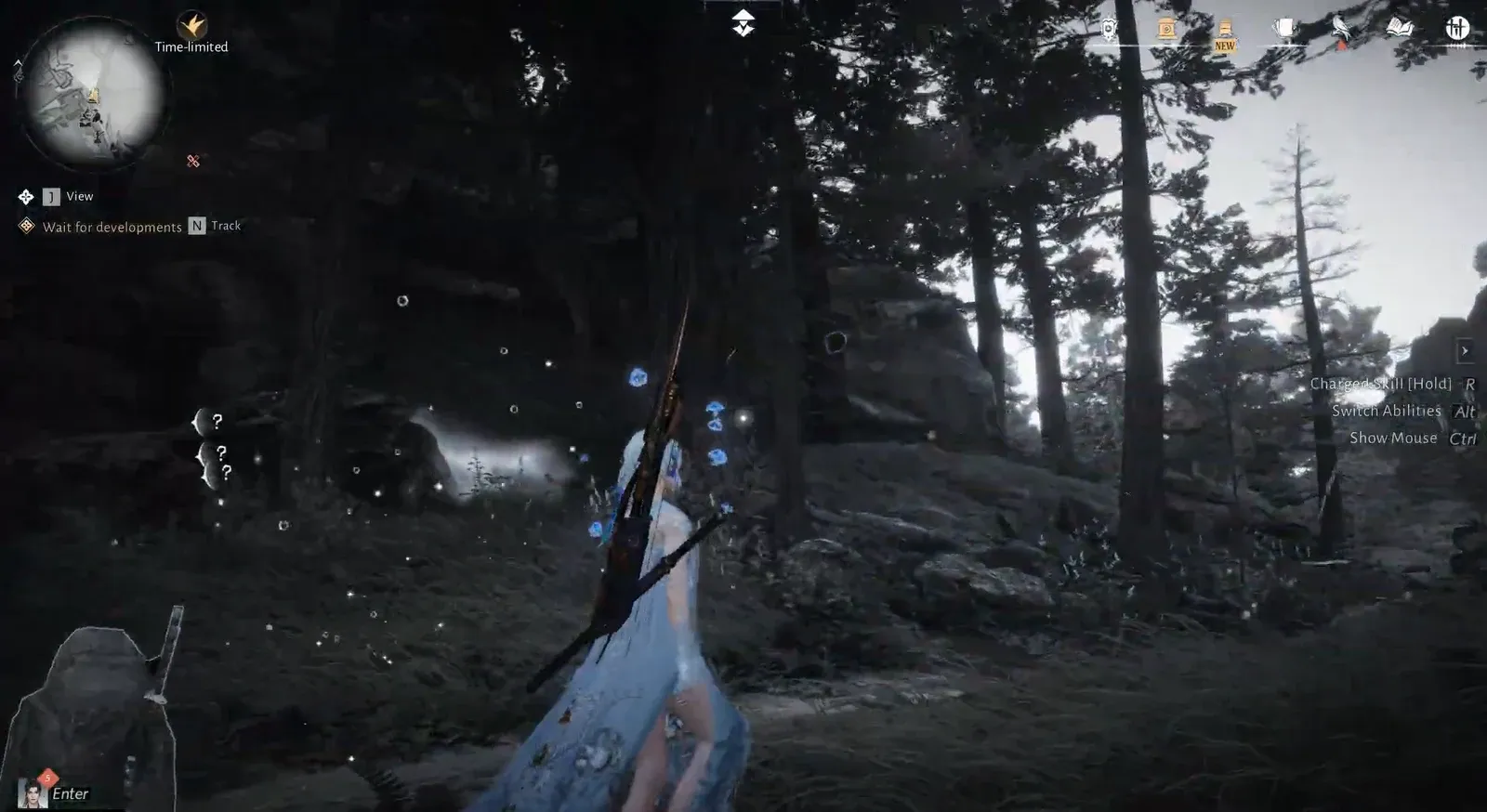 Forest gameplay view showing an active objective prompt with Spirit Charge and ability controls