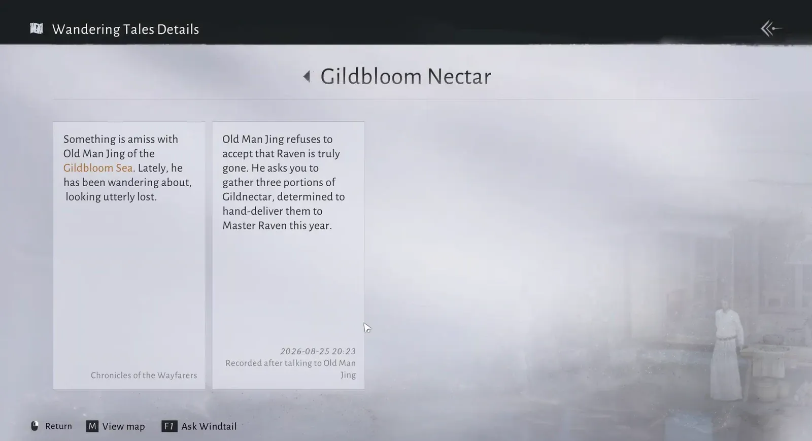 Wandering Tales Details screen listing the Gildbloom Nectar objectives from Old Man Jing