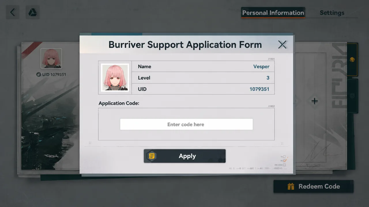 A screenshot of Girls' Frontline 2 showing the game's codes page