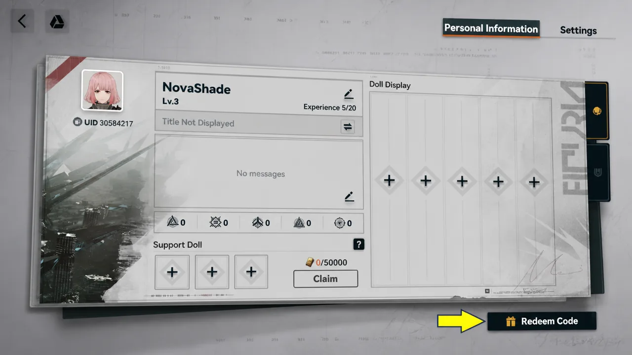 A screenshot of Girls' Frontline 2 showing the game's Redeem Code button