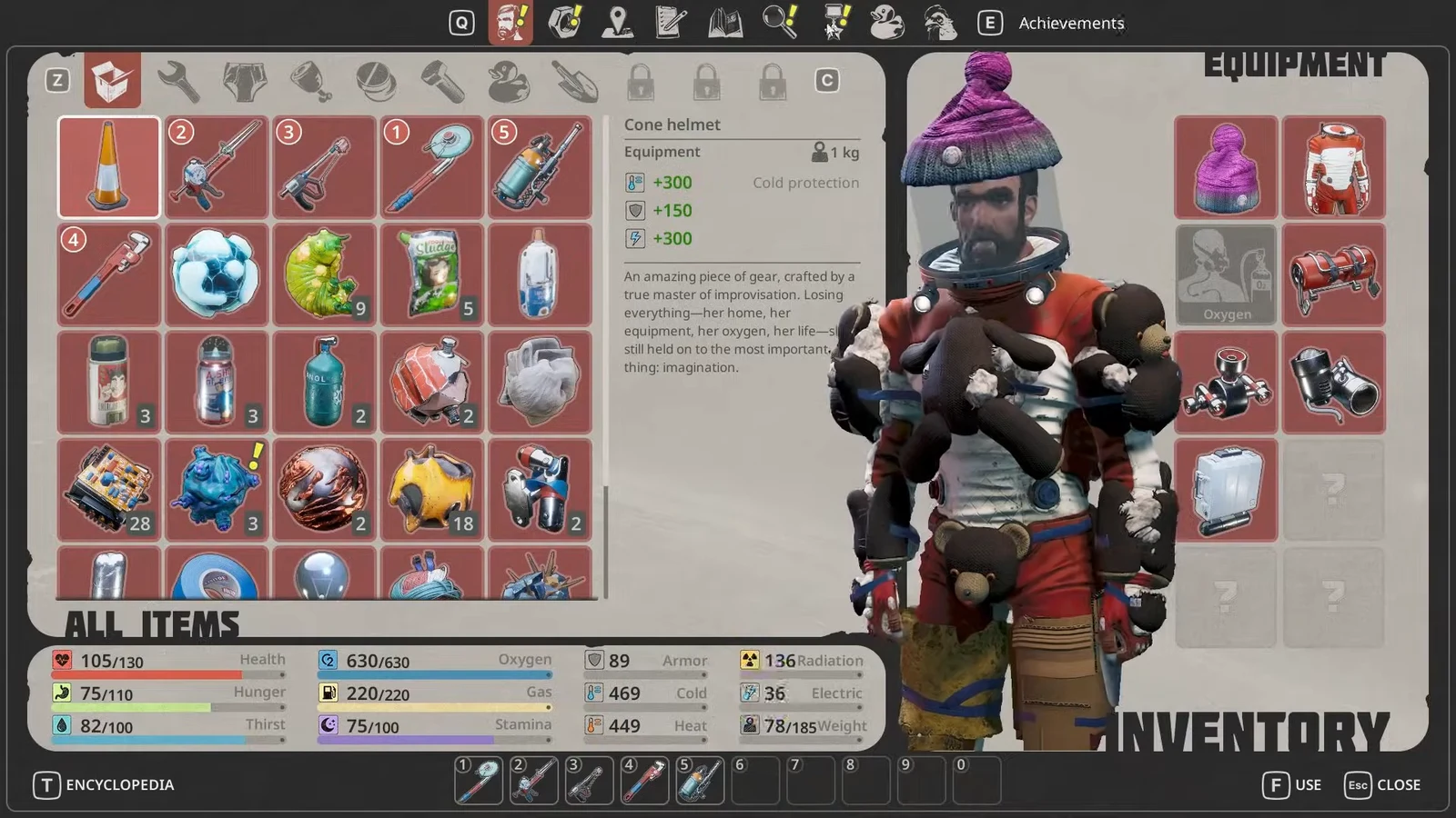 Inventory menu open on the All Items tab with the Cone helmet selected and its stats shown
