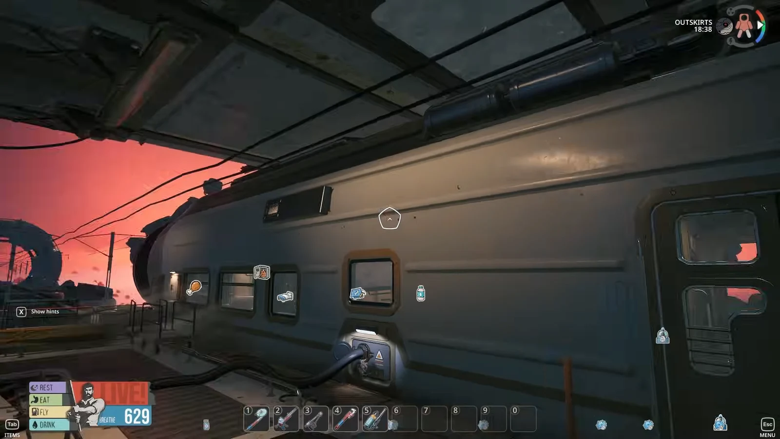 Outskirts view facing the exterior wall of the carriage where the Bum sleeps, reticle centered