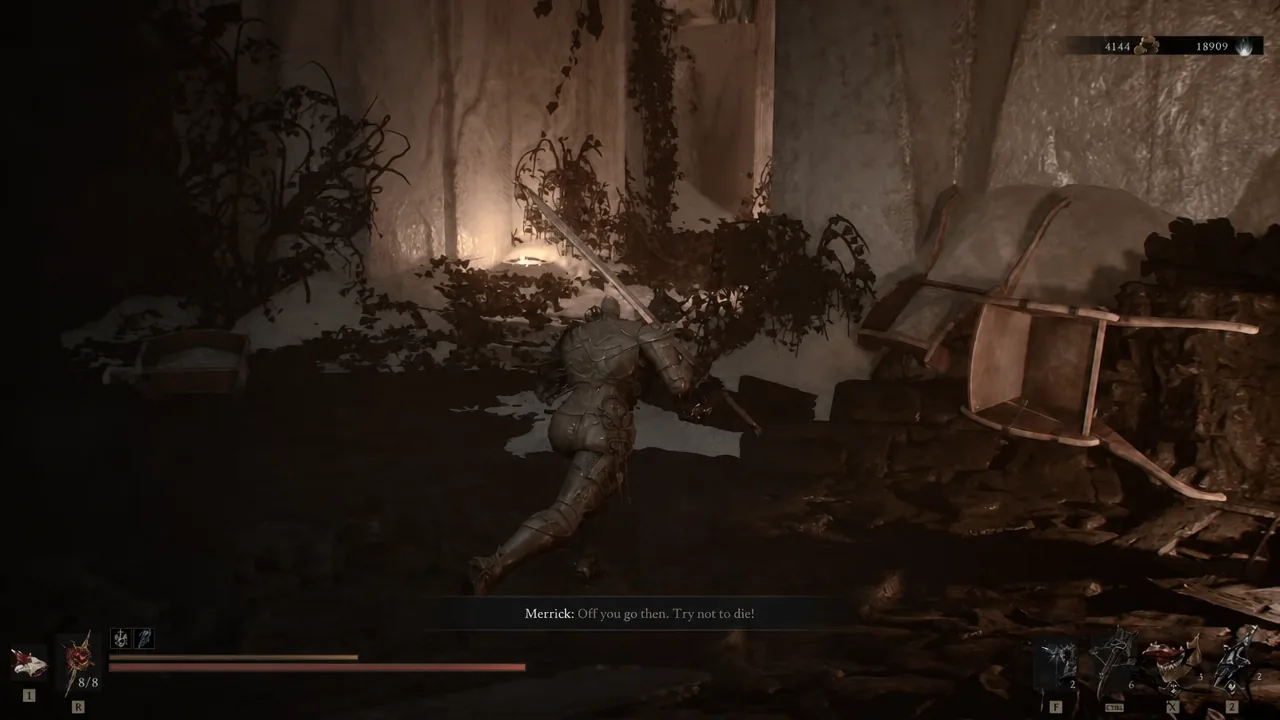 Merrick's dialogue appearing on screen as the player character moves through a dark cavern in Marrow Keep